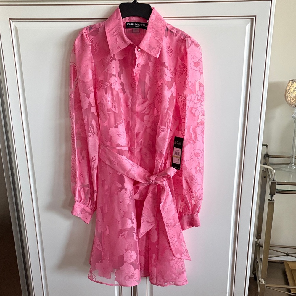 NWT Karl Lagerfeld Pink Floral Sheer Tie-Waist Shirt Dress Sz 4
